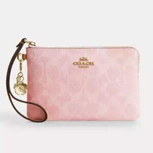 Coach Powder Pink Corner Zip Wristlet In Signature Canvas With Charm - NWT